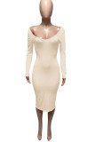 Cream White Casual Solid Patchwork V Neck Pencil Skirt Dresses