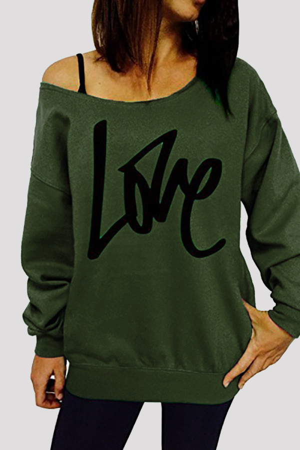 Army Green Fashion Casual Letter Print Basic Oblique Collar Tops