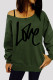 Army Green Fashion Casual Letter Print Basic Oblique Collar Tops