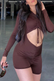 Brown Sexy Solid Patchwork V Neck Skinny Rompers