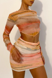 Yellow Sexy Print Patchwork O Neck Long Sleeve Two Pieces