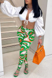 Green Fashion Street Print Mid Waist Pencil Bottoms