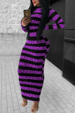 Purple Fashion Casual Striped Print Basic O Neck Long Sleeve Dress
