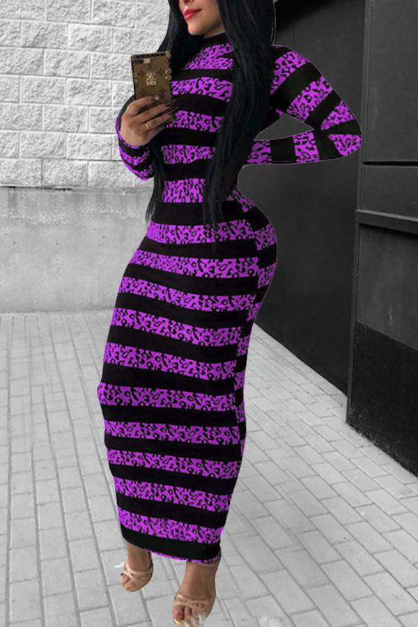 Purple Fashion Casual Striped Print Basic O Neck Long Sleeve Dress