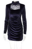 Deep Blue Sexy Solid Patchwork Halter Pencil Skirt Dresses