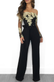 Burgundy Sexy Solid Lace Off the Shoulder Boot Cut Jumpsuits