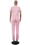 Pink adult Casual Fashion Solid Two Piece Suits Patchwork Bandage Straight Short Sleeve