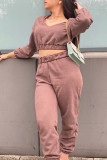 Coffee Fashion Sportswear Solid Patchwork V Neck Long Sleeve Two Pieces