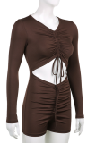 Brown Sexy Solid Patchwork V Neck Skinny Rompers