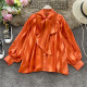 Tangerine Red Sweet Solid Patchwork Buckle O Neck Tops