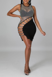 Black Sexy Patchwork Hollowed Out Mesh O Neck Pencil Skirt Dresses