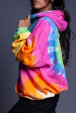 Multi-color Casual Print Tie Dye Patchwork Hooded Collar Tops