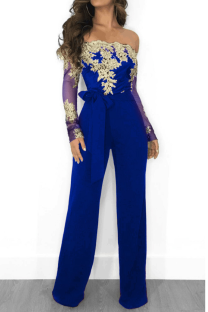Colorful Blue Sexy Solid Lace Off the Shoulder Boot Cut Jumpsuits