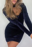 Deep Blue Sexy Solid Patchwork Halter Pencil Skirt Dresses