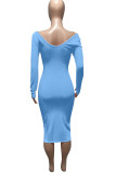 Blue Casual Solid Patchwork V Neck Pencil Skirt Dresses