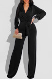 Black Fashion Casual Solid Frenulum V Neck Regular Jumpsuits