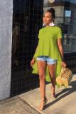 Green O Neck Short Sleeve Patchwork asymmetrical Tees & T-shirts