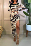 Purple Fashion Sexy Print Slit O Neck Long Sleeve Two Pieces