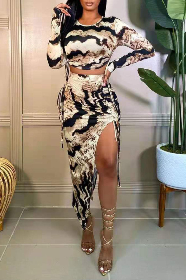 White Fashion Sexy Print Slit O Neck Long Sleeve Two Pieces