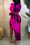 Purple Fashion Sexy Print Slit O Neck Long Sleeve Two Pieces
