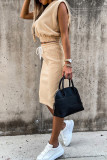 Beige Fashion Casual Solid Slit O Neck Sleeveless Two Pieces
