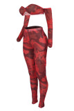 Watermelon Red Fashion Sexy Print Patchwork Strapless Long Sleeve Two Pieces
