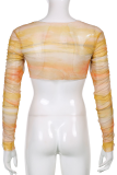 Yellow Sexy Print Patchwork O Neck Long Sleeve Two Pieces