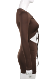 Brown Sexy Solid Patchwork V Neck Skinny Rompers