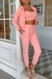 Pink Fashion Casual Solid Patchwork Hooded Collar Nine Points Sleeve Three Pieces