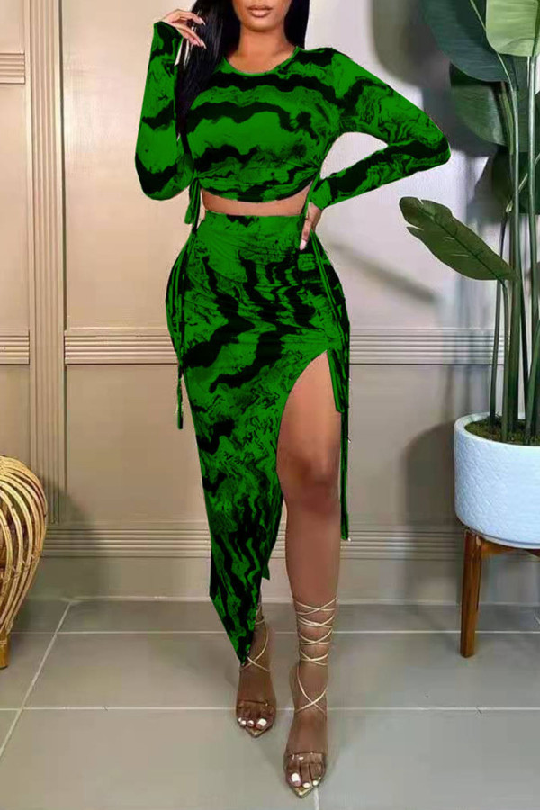 Green Fashion Sexy Print Slit O Neck Long Sleeve Two Pieces