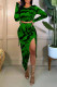 Green Fashion Sexy Print Slit O Neck Long Sleeve Two Pieces