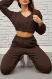 Coffee Fashion Sportswear Solid Patchwork V Neck Long Sleeve Two Pieces