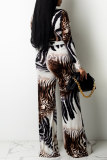 Tiger Pattern Sexy Casual Print Hollowed Out V Neck Long Sleeve Two Pieces