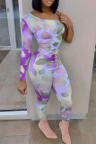 Rose Red Sexy Print Patchwork Oblique Collar Regular Jumpsuits