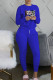 Royal Blue Fashion Sexy Print Patchwork O Neck Long Sleeve Two Pieces