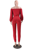 Red Sexy Adult Solid Sequins Patchwork Bateau Neck Long Sleeve Regular Sleeve Short Two Pieces