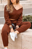 Coffee Fashion Sportswear Solid Patchwork V Neck Long Sleeve Two Pieces