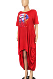 Red Casual Print Split Joint O Neck Irregular Dress Dresses