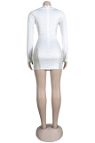 White Sexy Patchwork Hot Drilling See-through V Neck Long Sleeve Dresses