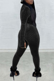 Black Fashion Casual Solid Basic Zipper Collar Skinny Jumpsuits