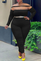 Black Fashion Casual Solid Split Joint Off the Shoulder Plus Size Jumpsuits