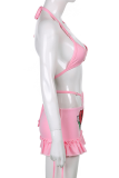 Pink Sexy Print Hollowed Out Flounce Halter Sleeveless Two Pieces