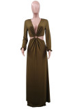 Brown Fashion Elegant Solid Hollowed Out V Neck A Line Dresses