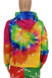 Multi-color Casual Print Tie Dye Patchwork Hooded Collar Tops