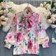 Pink Sweet Print Bandage Patchwork Buckle O Neck Tops