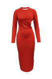 Red Fashion Street Solid Backless O Neck Dresses