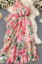 Pink Sweet Print Split Joint Flounce Asymmetrical Oblique Collar Dresses