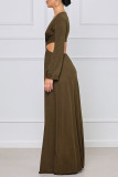 Brown Fashion Elegant Solid Hollowed Out V Neck A Line Dresses