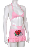 Pink Sexy Print Hollowed Out Flounce Halter Sleeveless Two Pieces