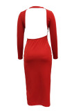 Red Fashion Street Solid Backless O Neck Dresses